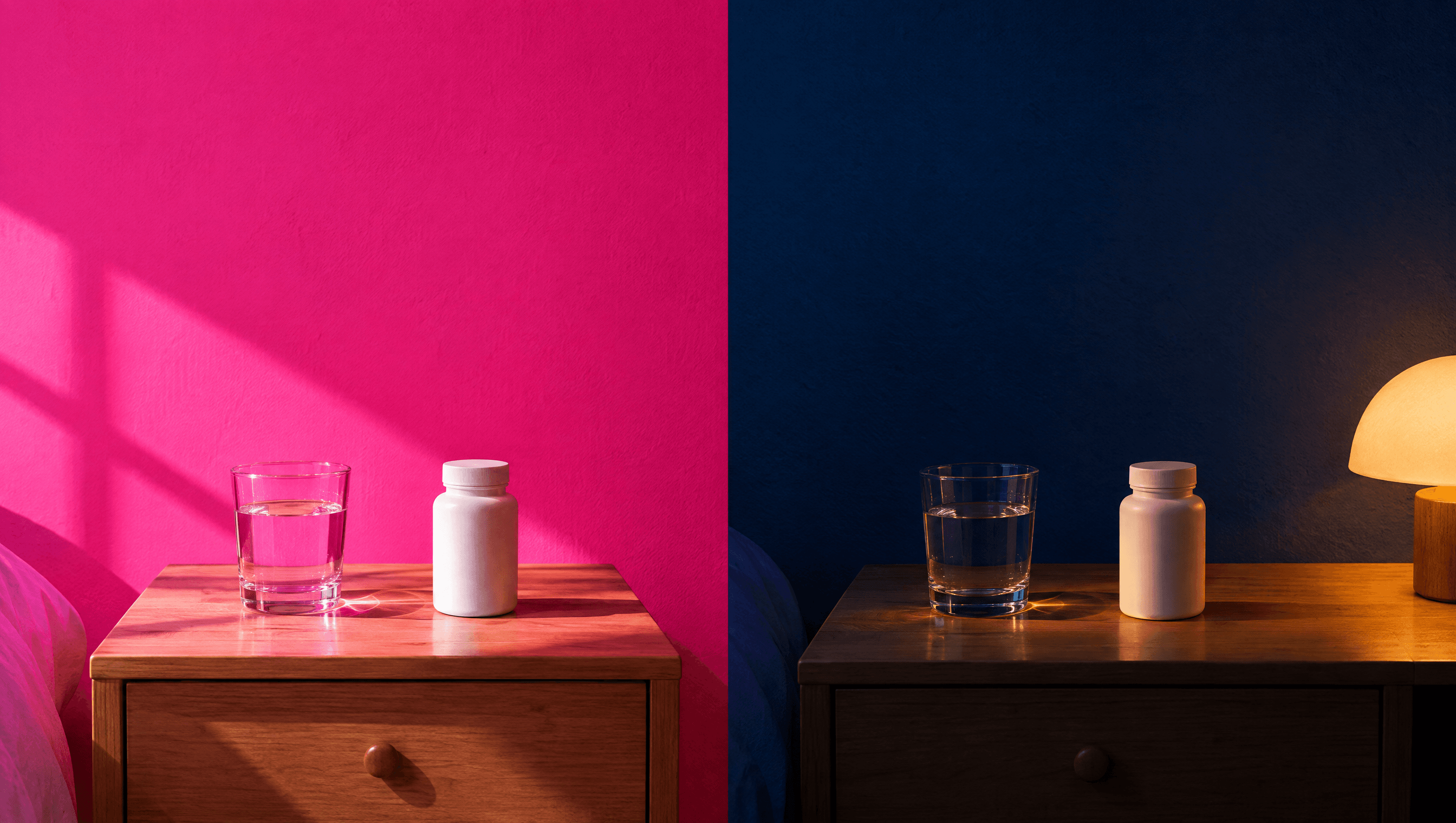 The same bedside table shown in pink morning light and in blue evening light, with a glass of water and a plain bottle.